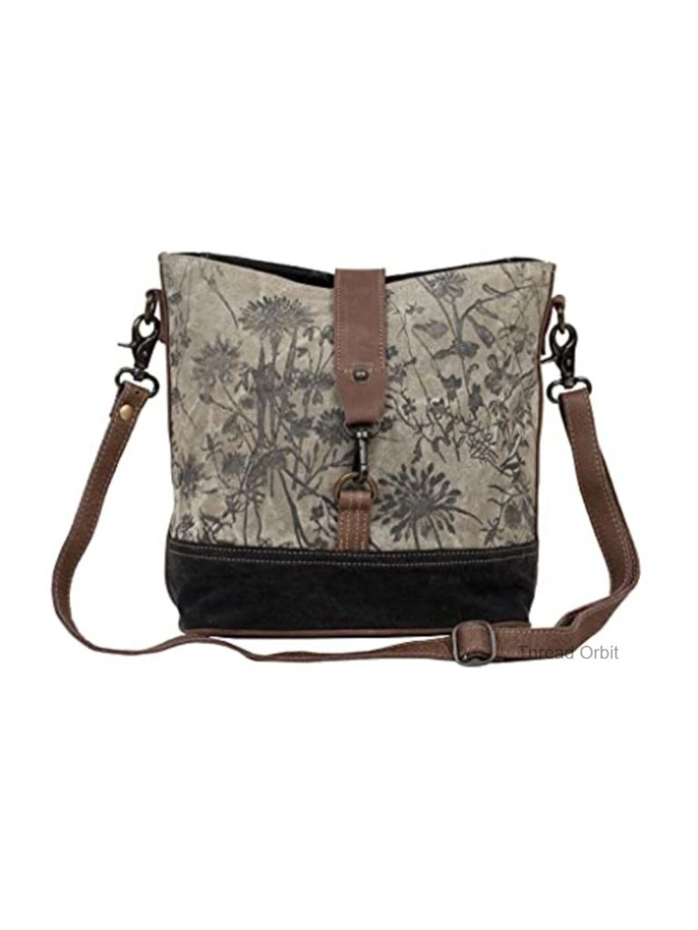 Canvas Floral Shoulder Bag with Genuine Leather Accents & Handcrafted Details